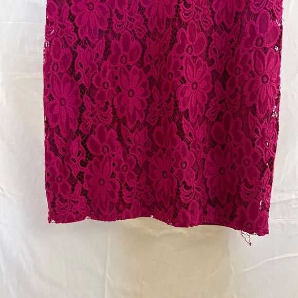 Magenta Lace Sheath Dress | Size 12 | Floral Overlay | Stretch Lined - Picture 7 of 7